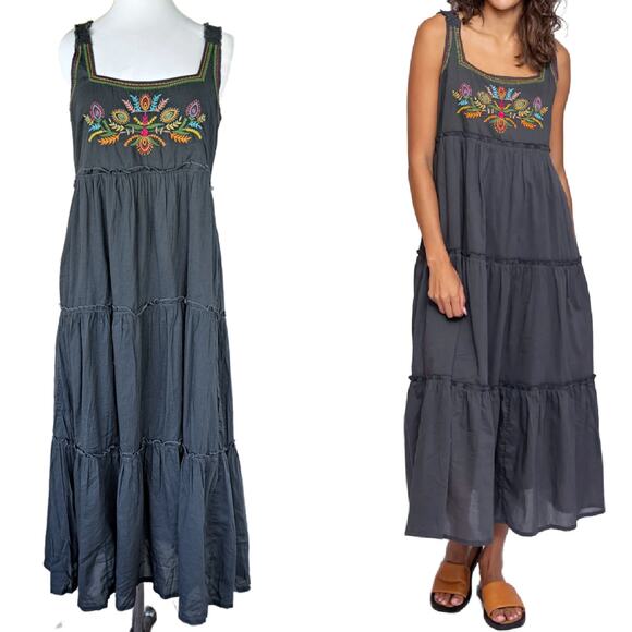 NATURAL LIFE Dresses & Skirts - NATURAL LIFE Gray Adele Embroidered Cotton Midi Maxi Dress size Small Boho